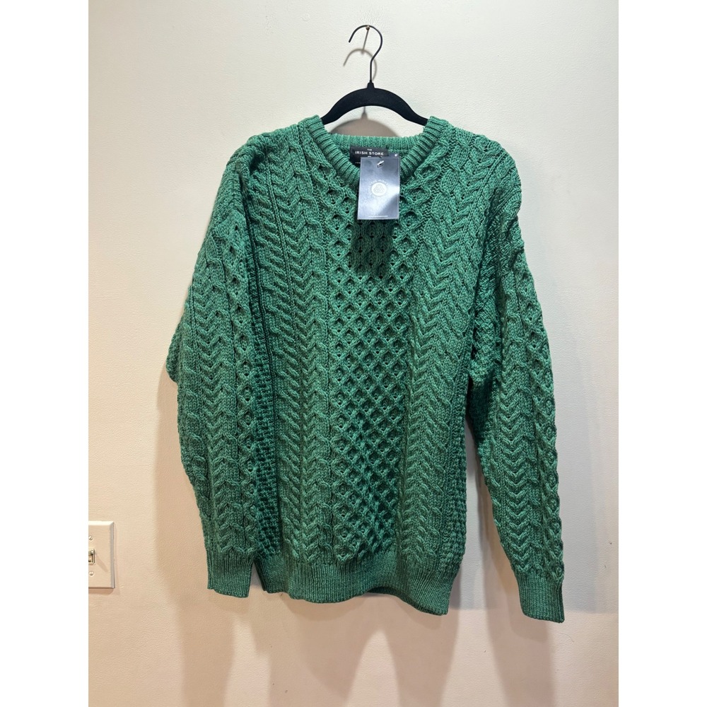NWT The Irish Store‎ Mens Green 100% Merino Wool Aran Cable Knit Sweater Size M